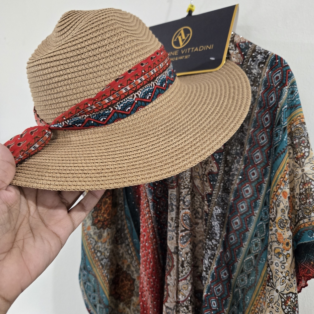 NEW Adrienne Vittadini Kimono & Hat Cover up Set Rhinestones Luxury Boho Summer - Picture 6 of 13